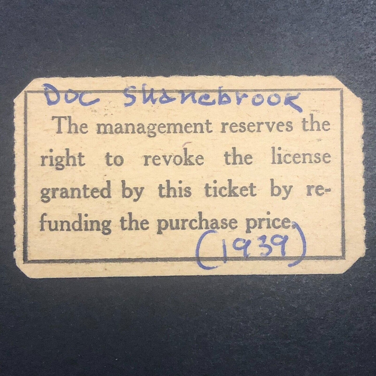 Midget Auto Racing Rain Check Ticket Doc Shanebrook 1939 Philadelphia Gardens