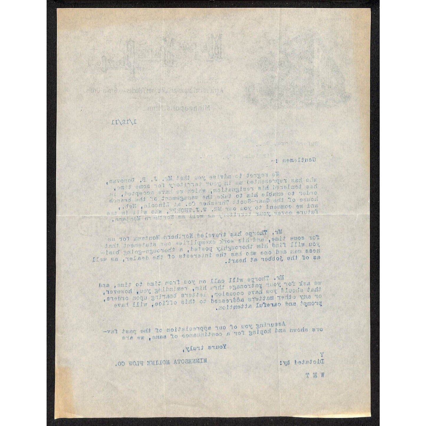 Minnesota Moline Plow Co. Agricultural Implements 1911 Letterhead Buford*