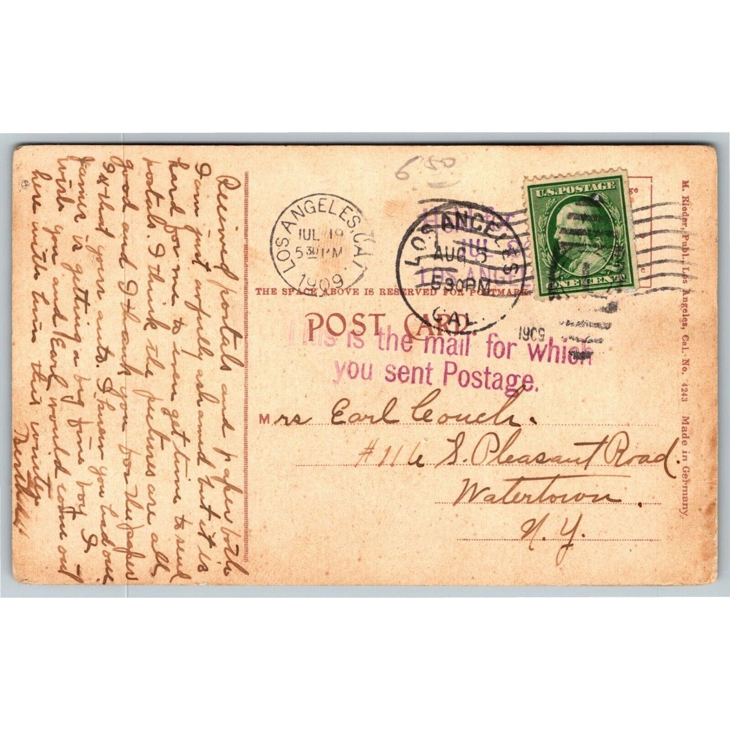 Vintage c1909 Postcard "The Union Trust Building, Los Angeles, Cal