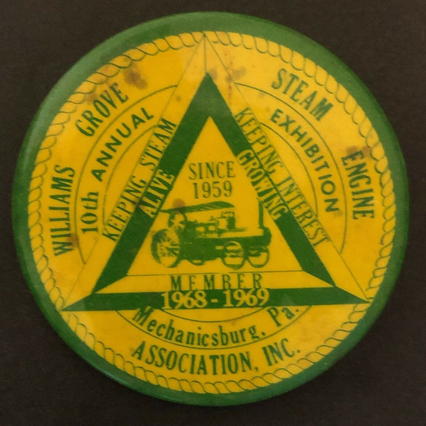 1968-69 Williams Grove Steam Engine Historical Mechanicsburg, PA Pin Back Button