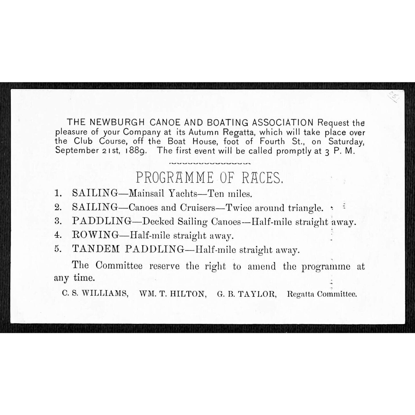 Newburgh Canoe and Boating Association 1889 Autumn Regatta Race Programme Card