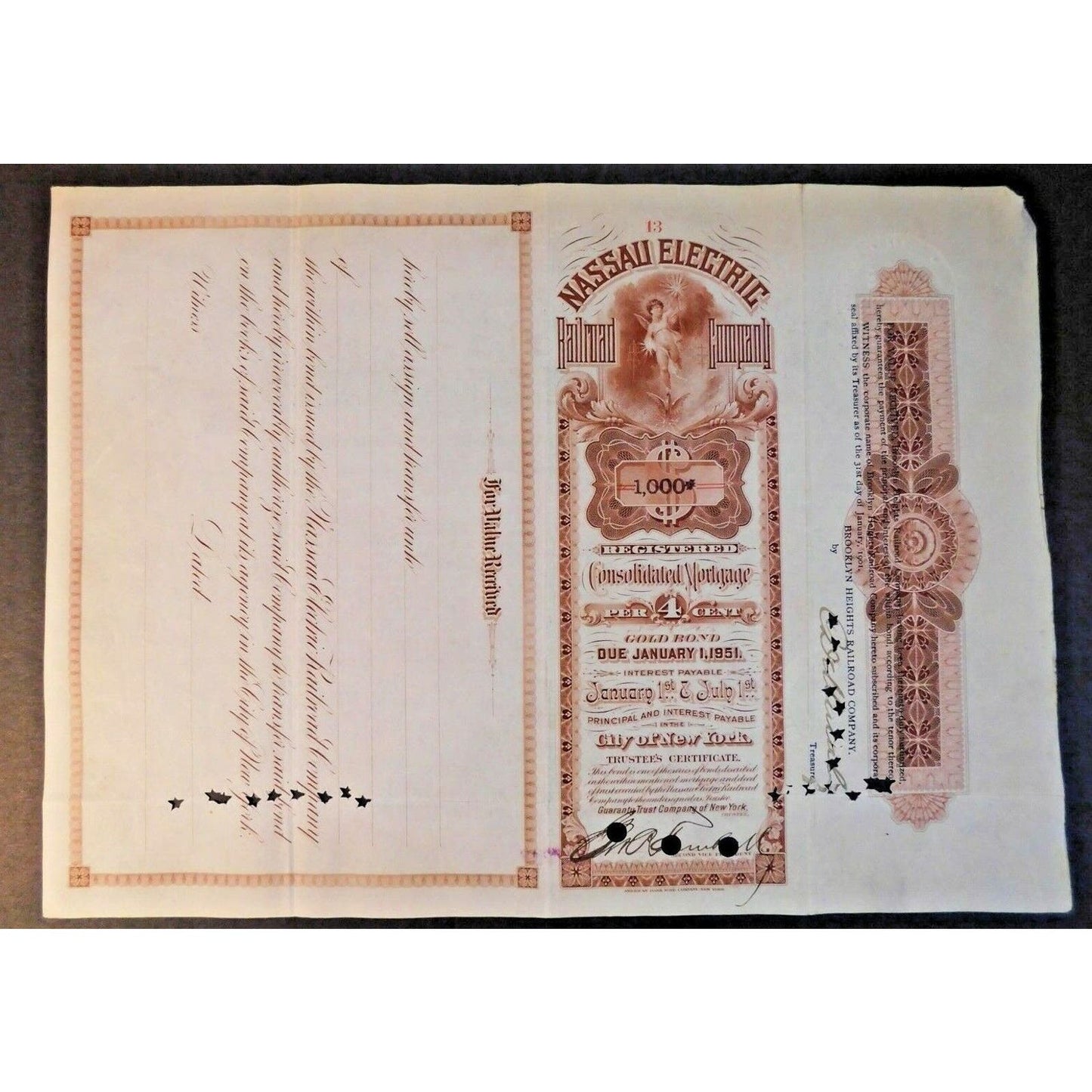 Large 1901 Stock Cert. Bond "Nassau Electric Railroad Co" Brooklyn, NY #13