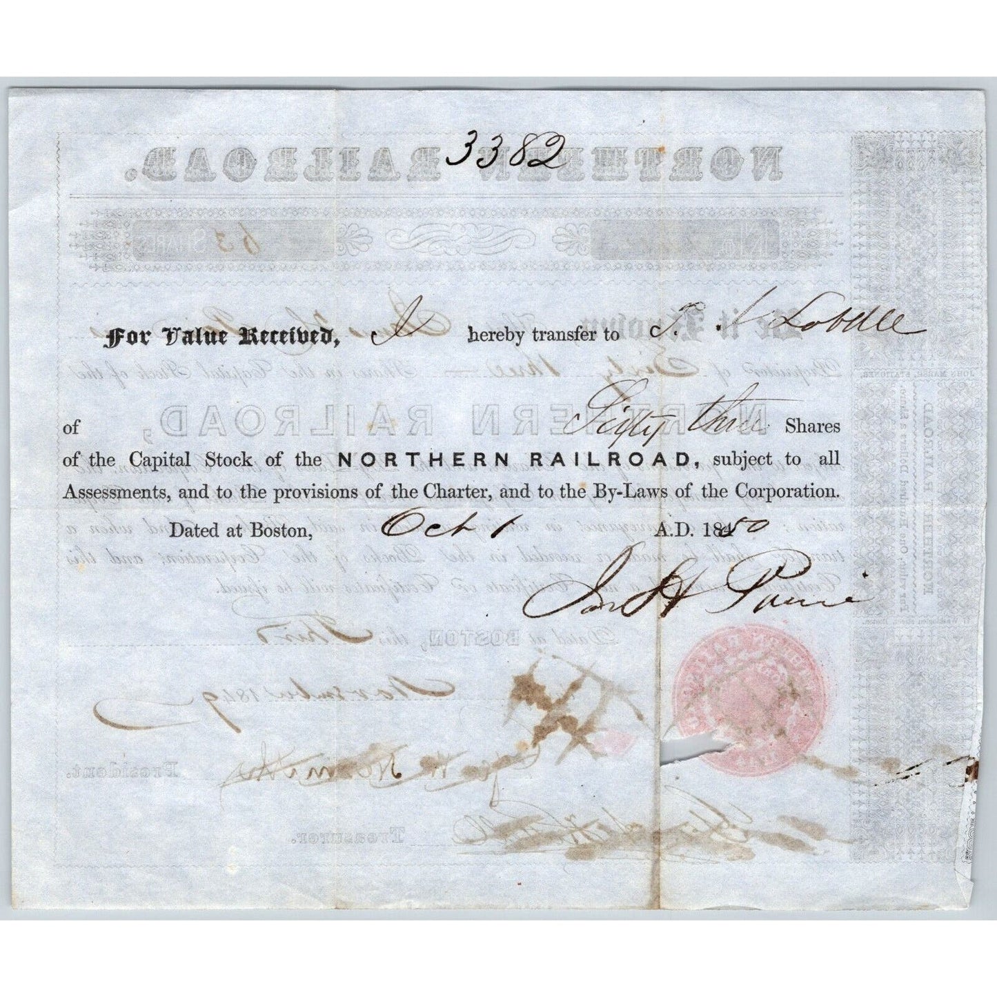 1849 Boston, MA Northern Railroad Stock Certificate No. 7411 for 63 Shares
