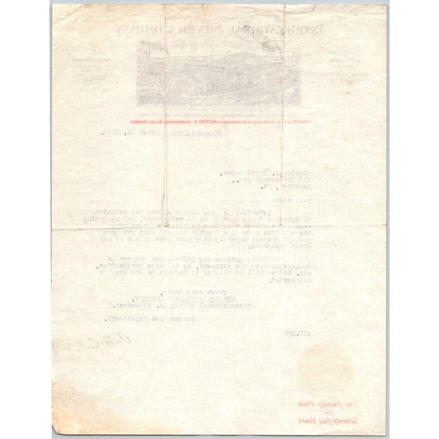 Meriden, CONN International Silver Co. Plate Sterling - 1922 "Engel" Letterhead