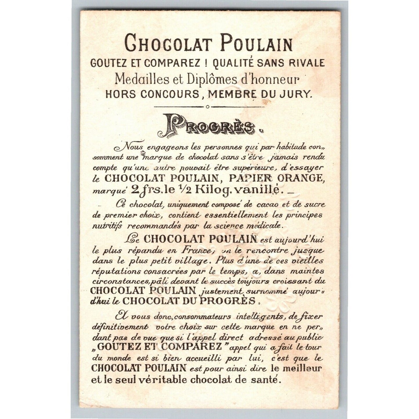 French Victorian Trade Card Chocolat Poulain / Chocolate Water Shore Floral Emb.