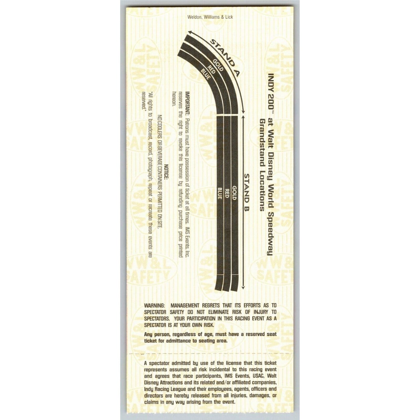 1999 Indy 200 Walt Disney World Speedway Ticket Stub - Seat 12