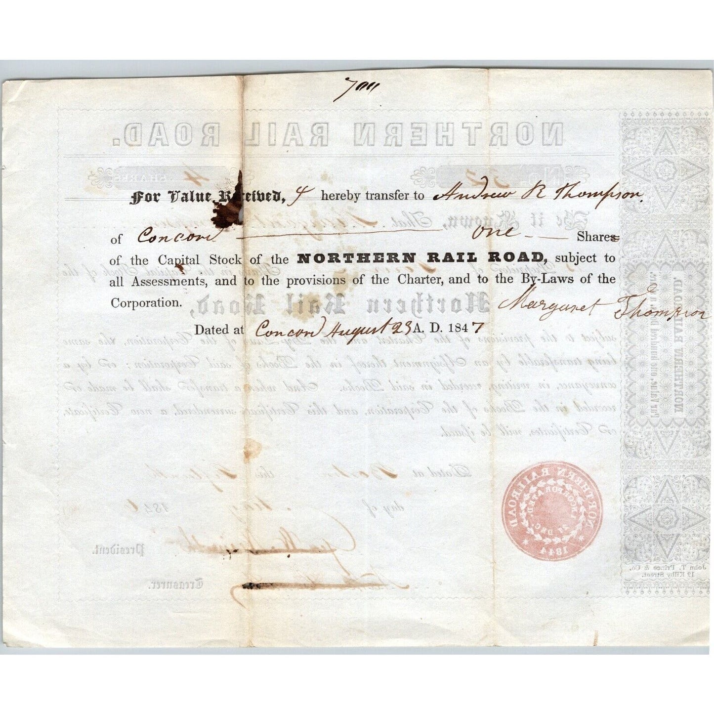 1846 Boston, MA Northern Railroad Stock Certificate LOW No. 32 for 4 Shares