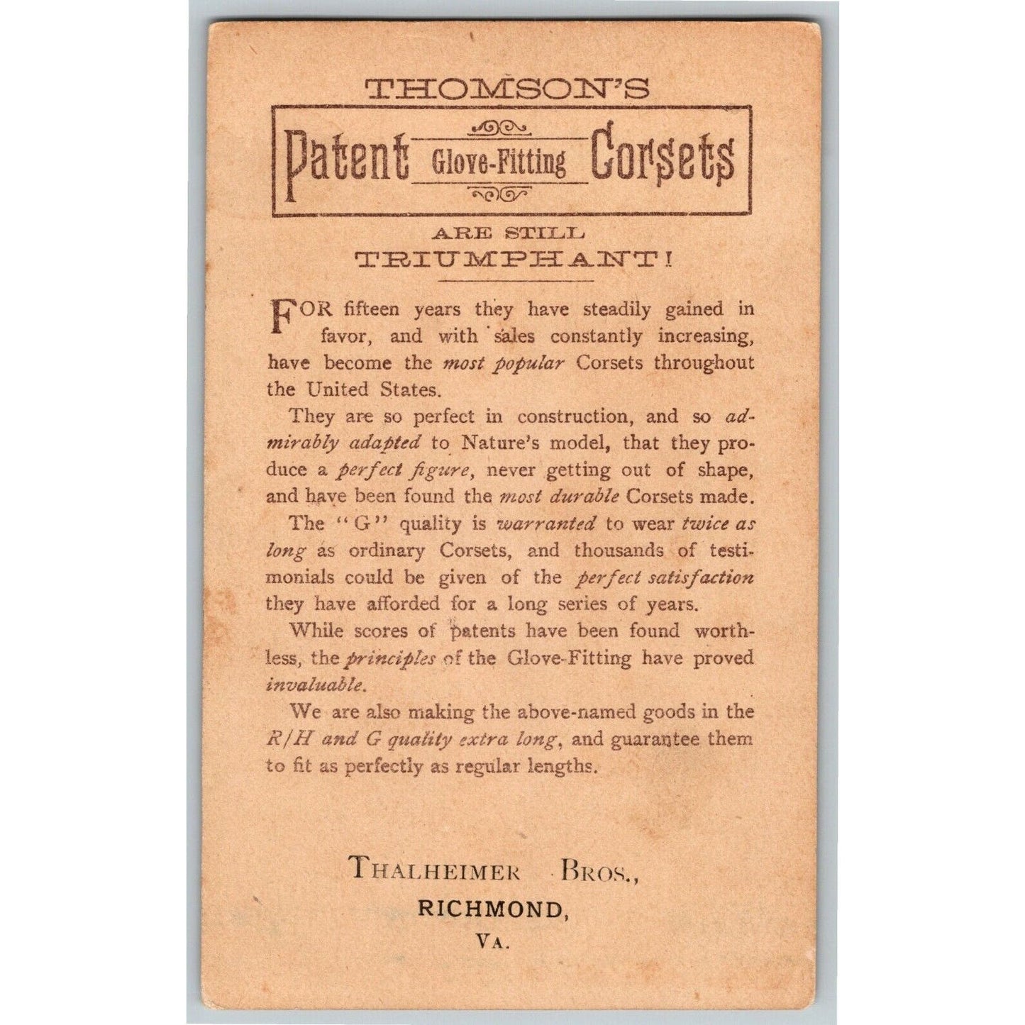 Thompson's Glove Fitting Corsets Thalheimer Bros. Richmond Victorian Trade Card