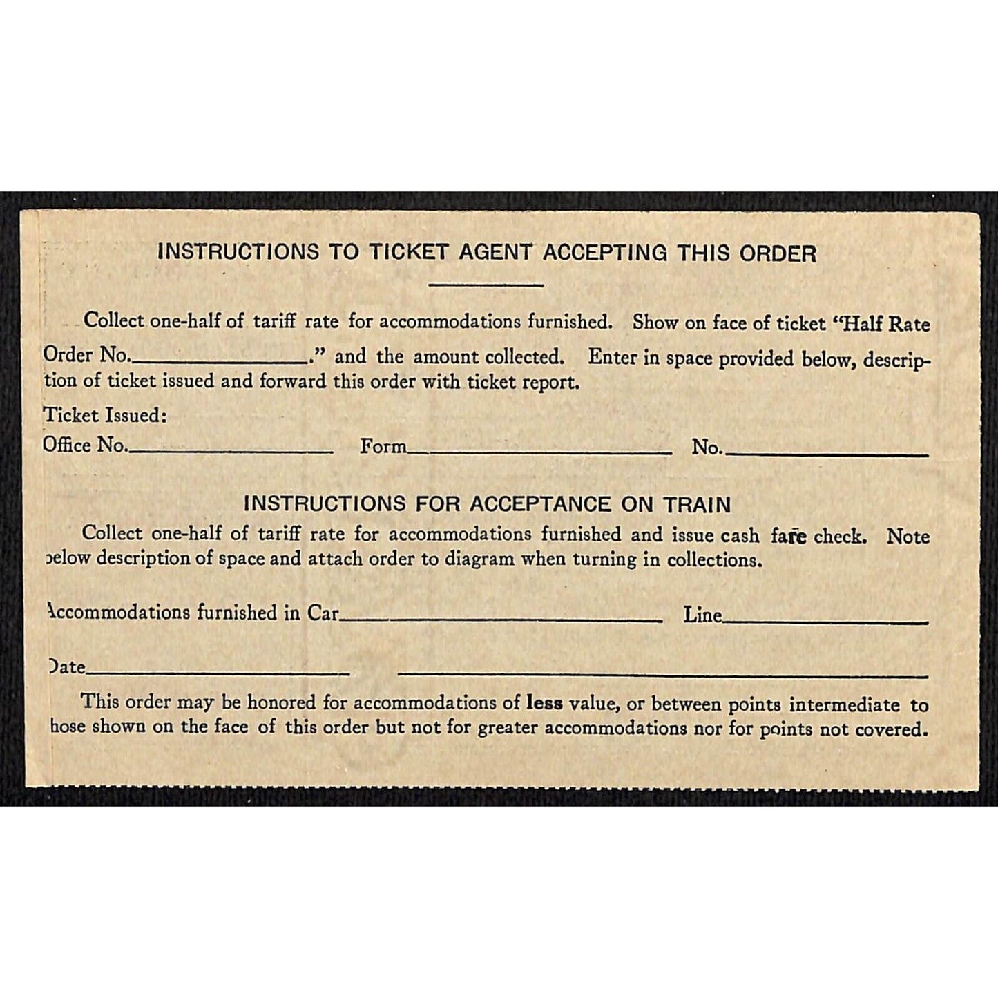 1953 Pullman Company "Half Rate Order" Form / Ticket - VGC