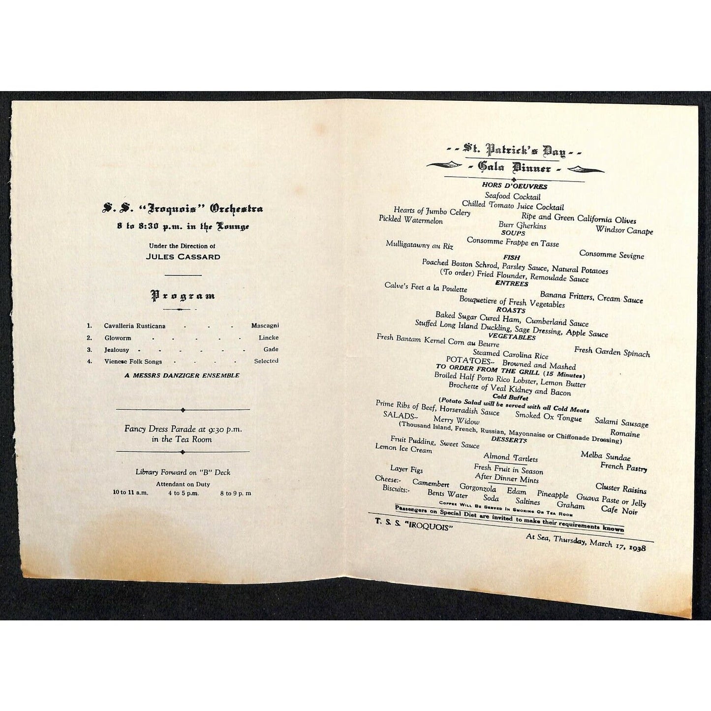 1938 Clyde-Mallory Iroquois Cruise Line St. Patrick's Day Dinner Menu Mar 17