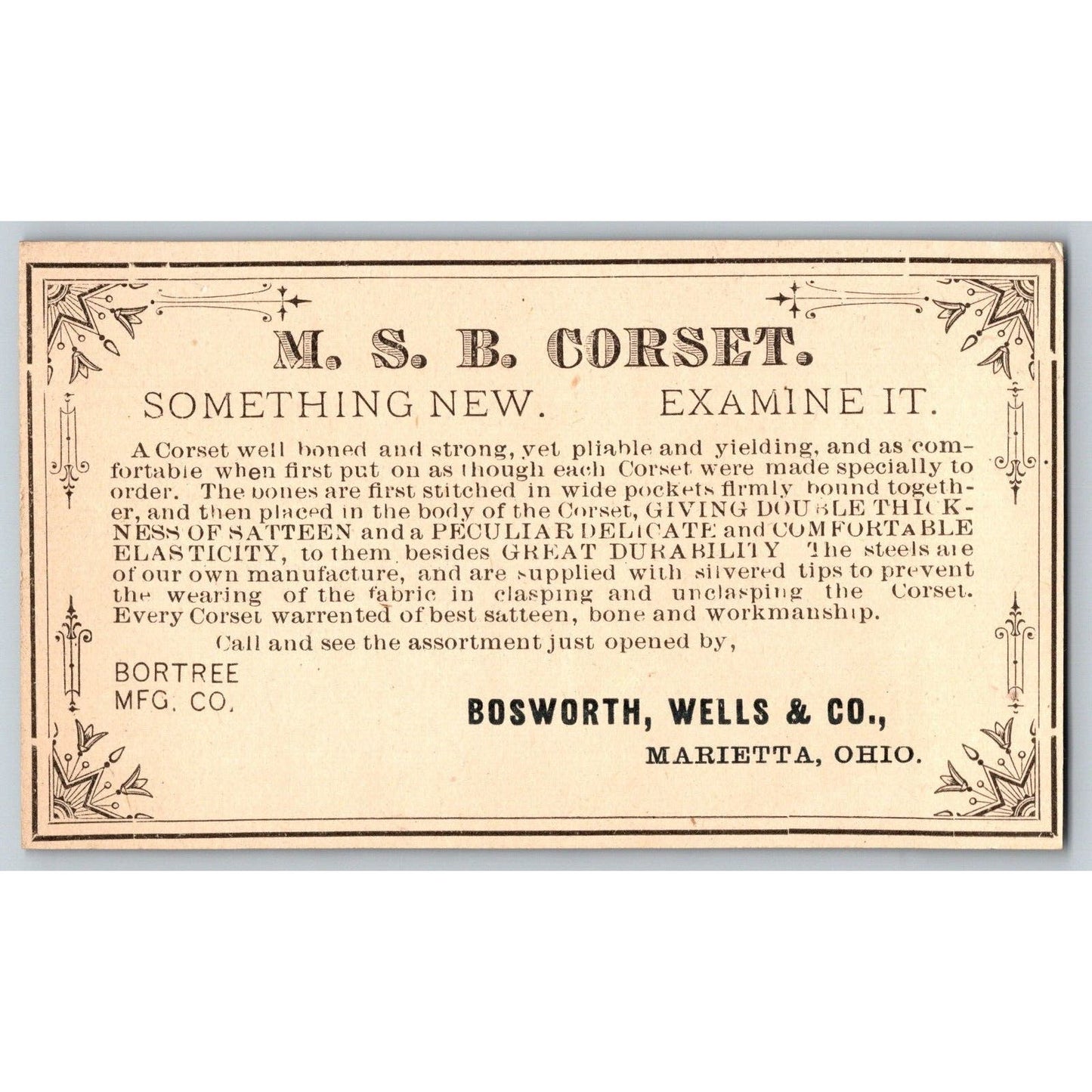 Bosworth, Wells & Co. MSB Corset Marietta, OH Victorian Trade Card Flower Bee