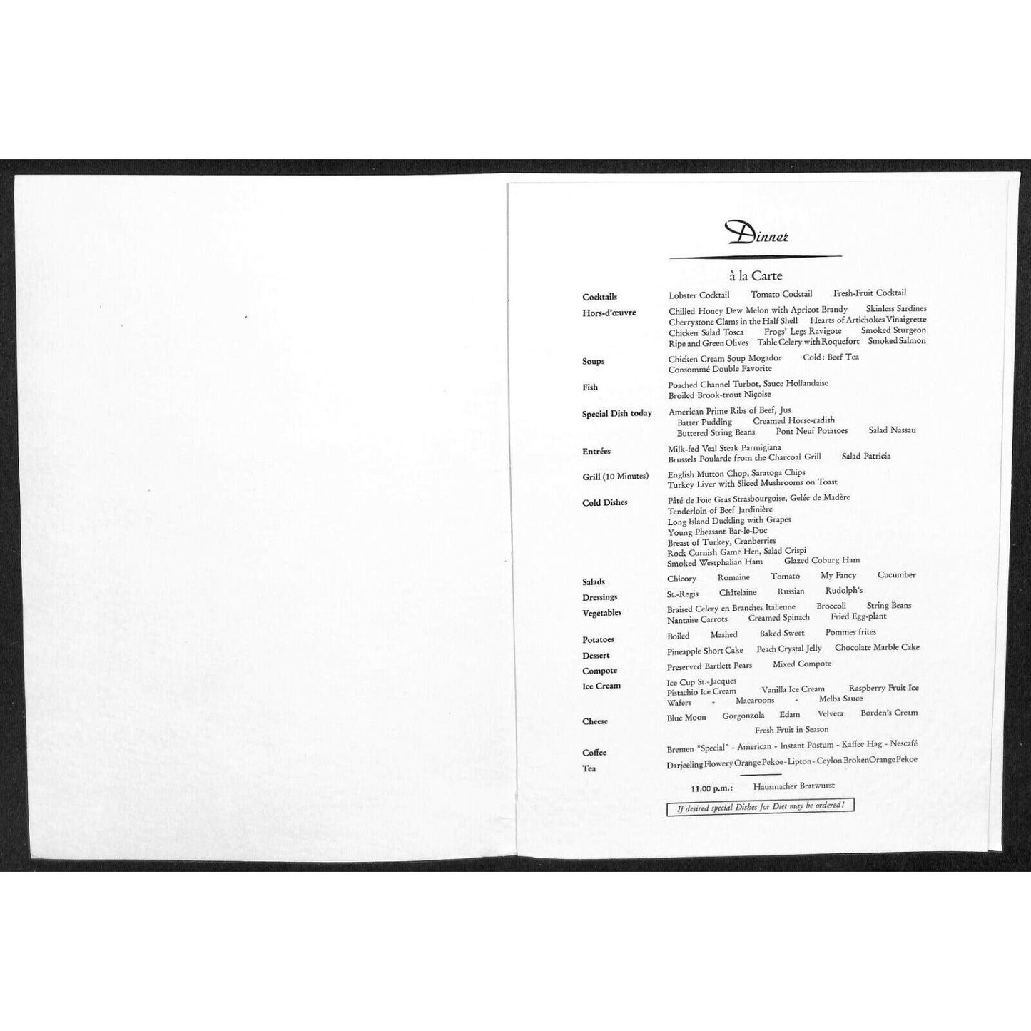 c1964 North German Lloyd Likely Bremen Cruise Line Dinner Menu