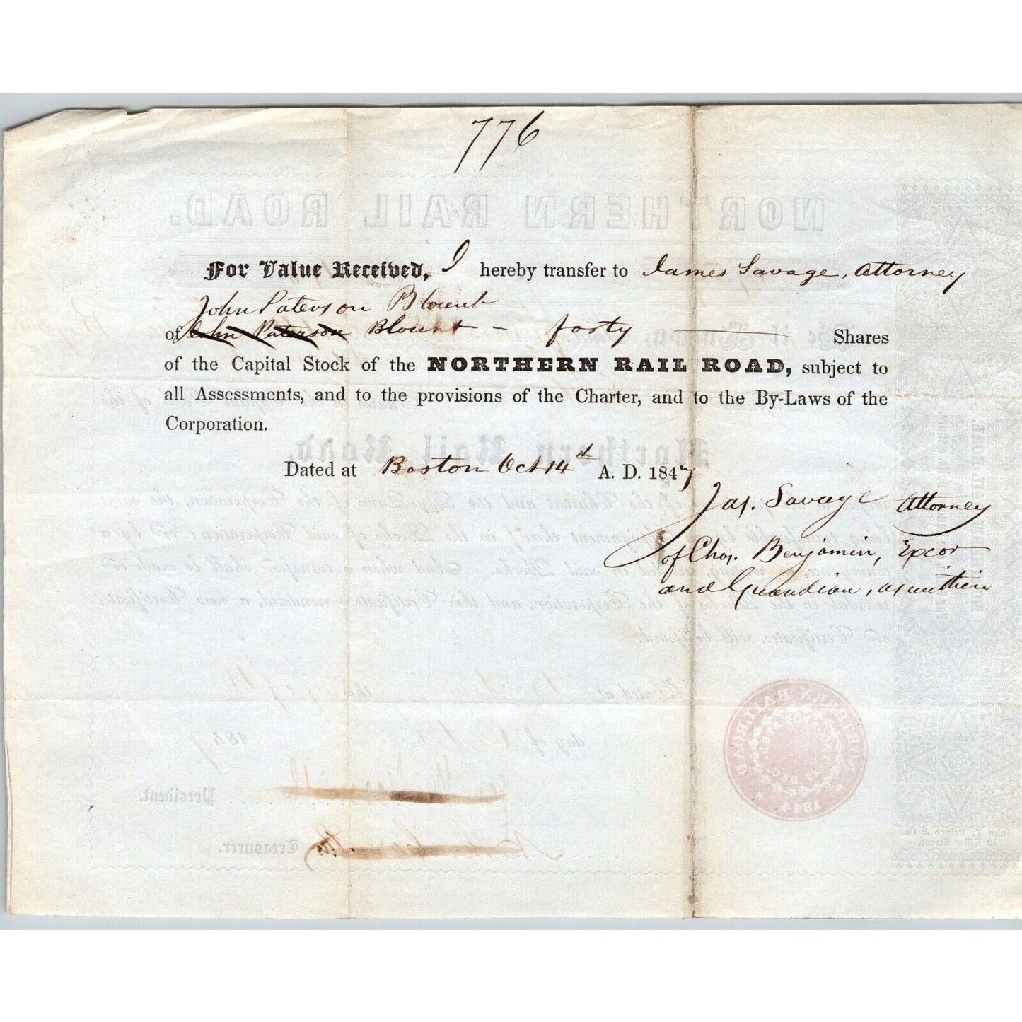 1847 Boston, MA Northern Railroad Stock Certificate No.1959 for 40 Shares