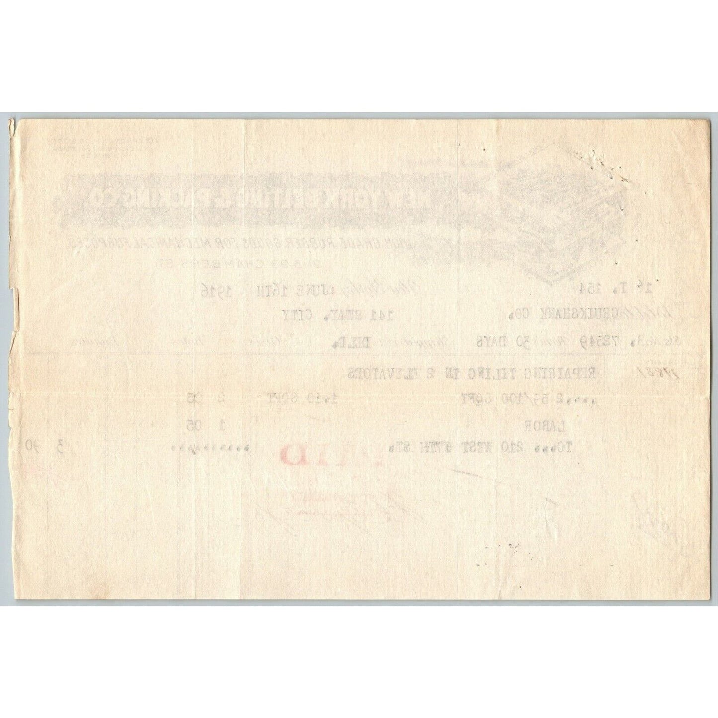 1916 "New York Belting and Packing" Rubber Billhead Letterhead Chambers St NYC