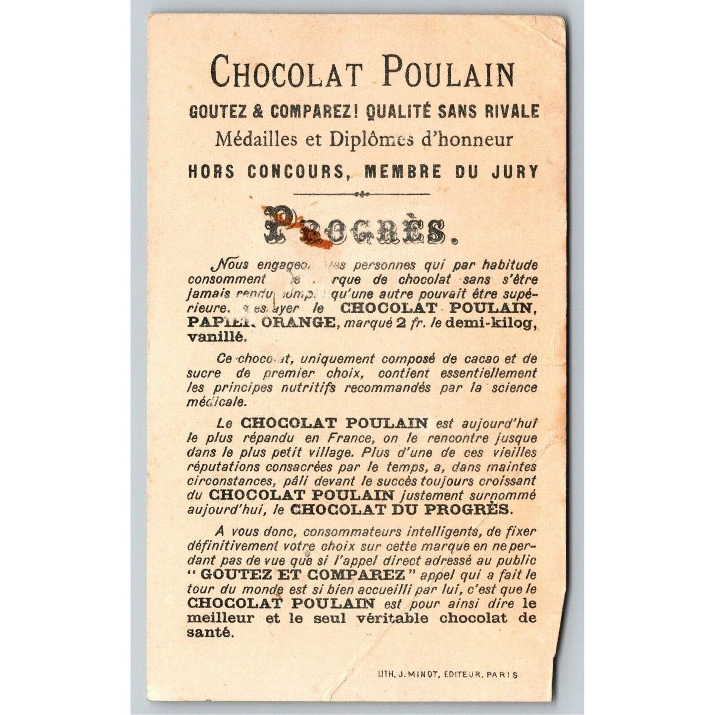 French Victorian Trade Card Chocolat Poulin - Two Seat Ostrich Pulled Carriage