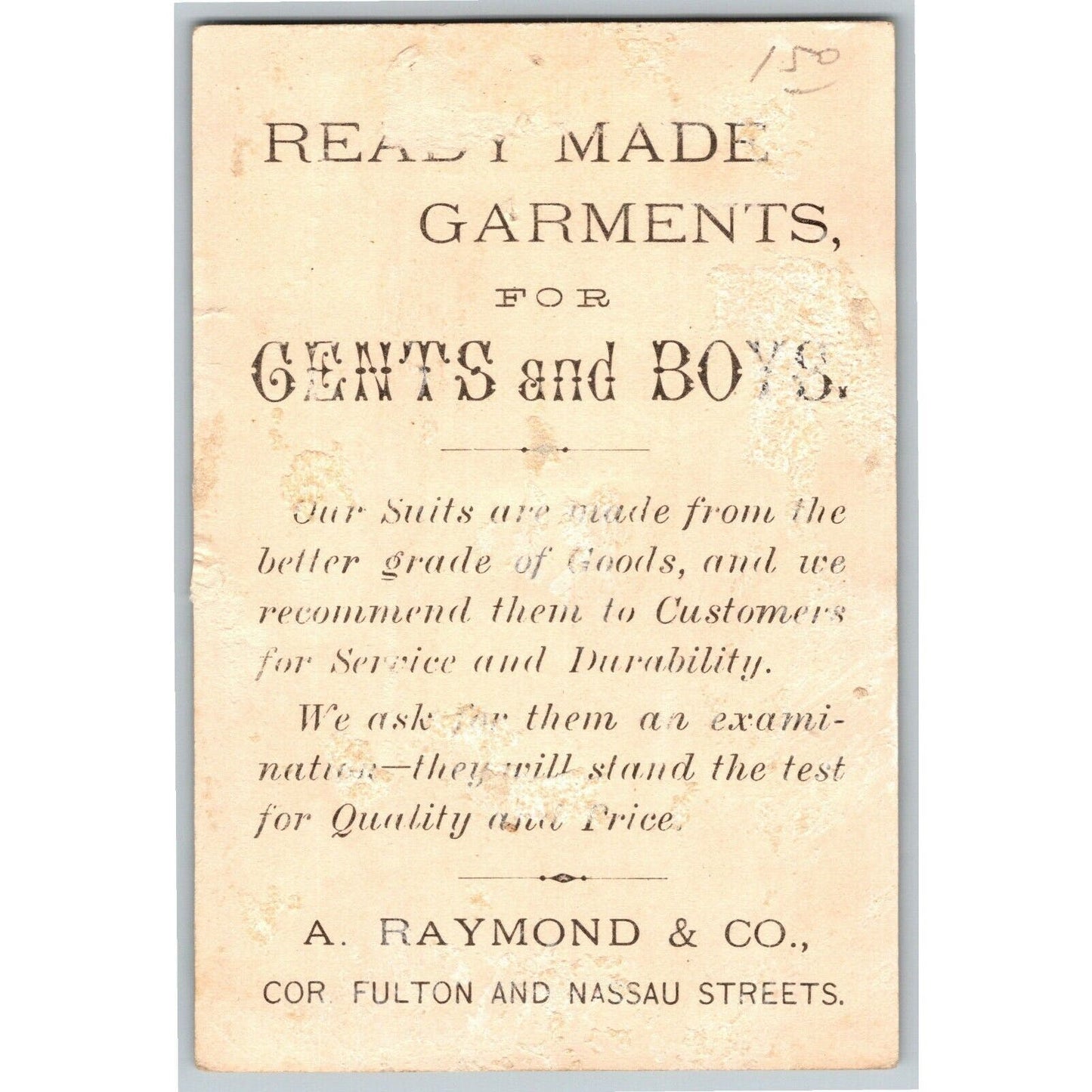A. Raymond & Co. Clothiers Boys' Clothing Shooting Rifle Victorian Trade Card