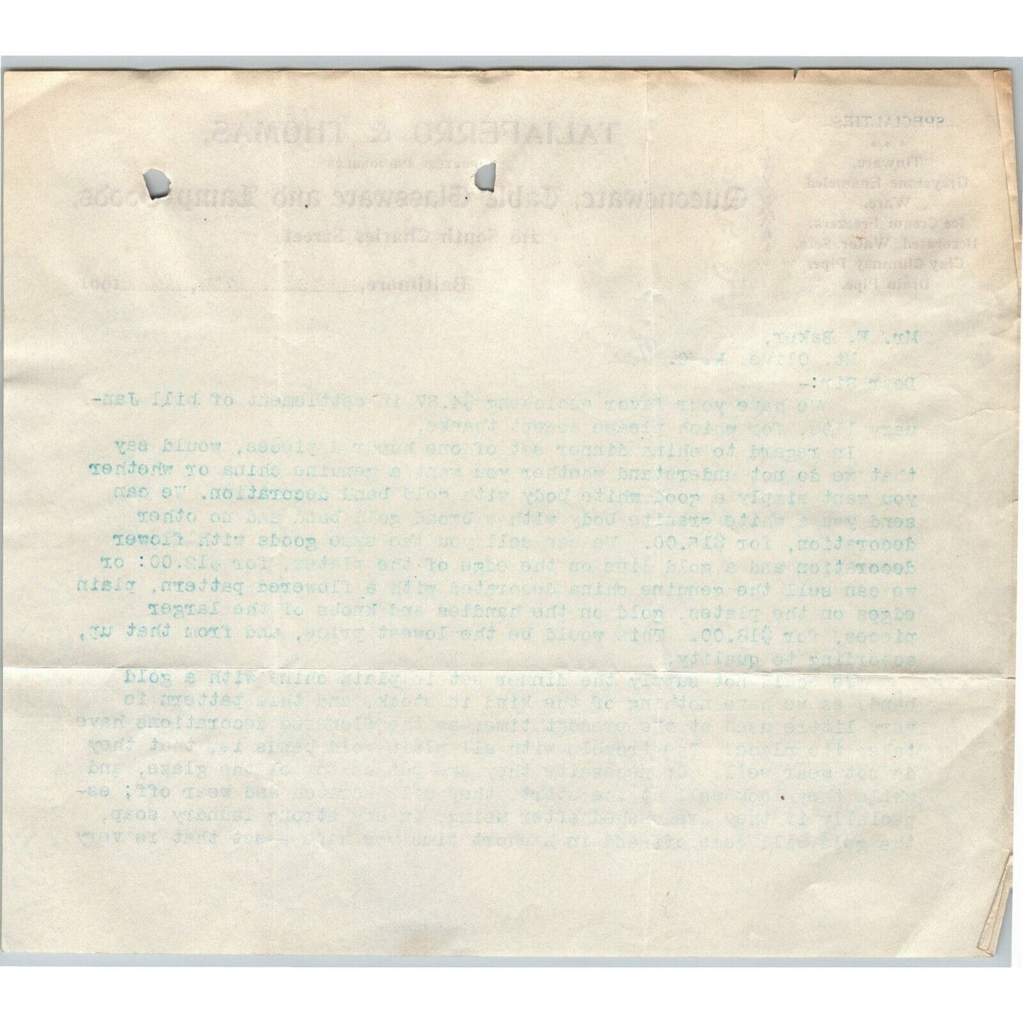 1901 Letterhead Taliaferro & Thomas Queensware Baltimore - Ephraim Baker*