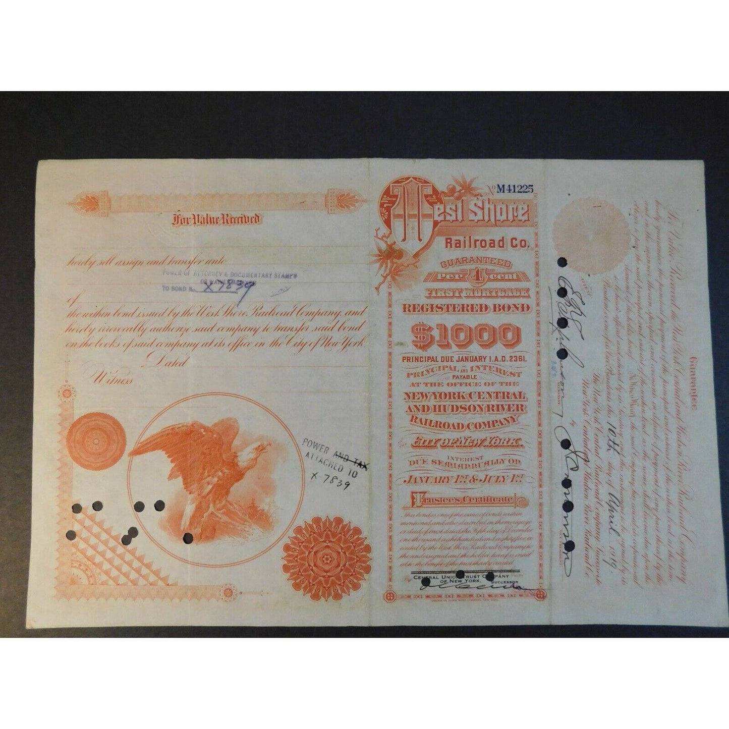 Large 1902 Stock Cert. Bond "West Shore Railroad Co" NYC & Hudson R.R. w/ Albany