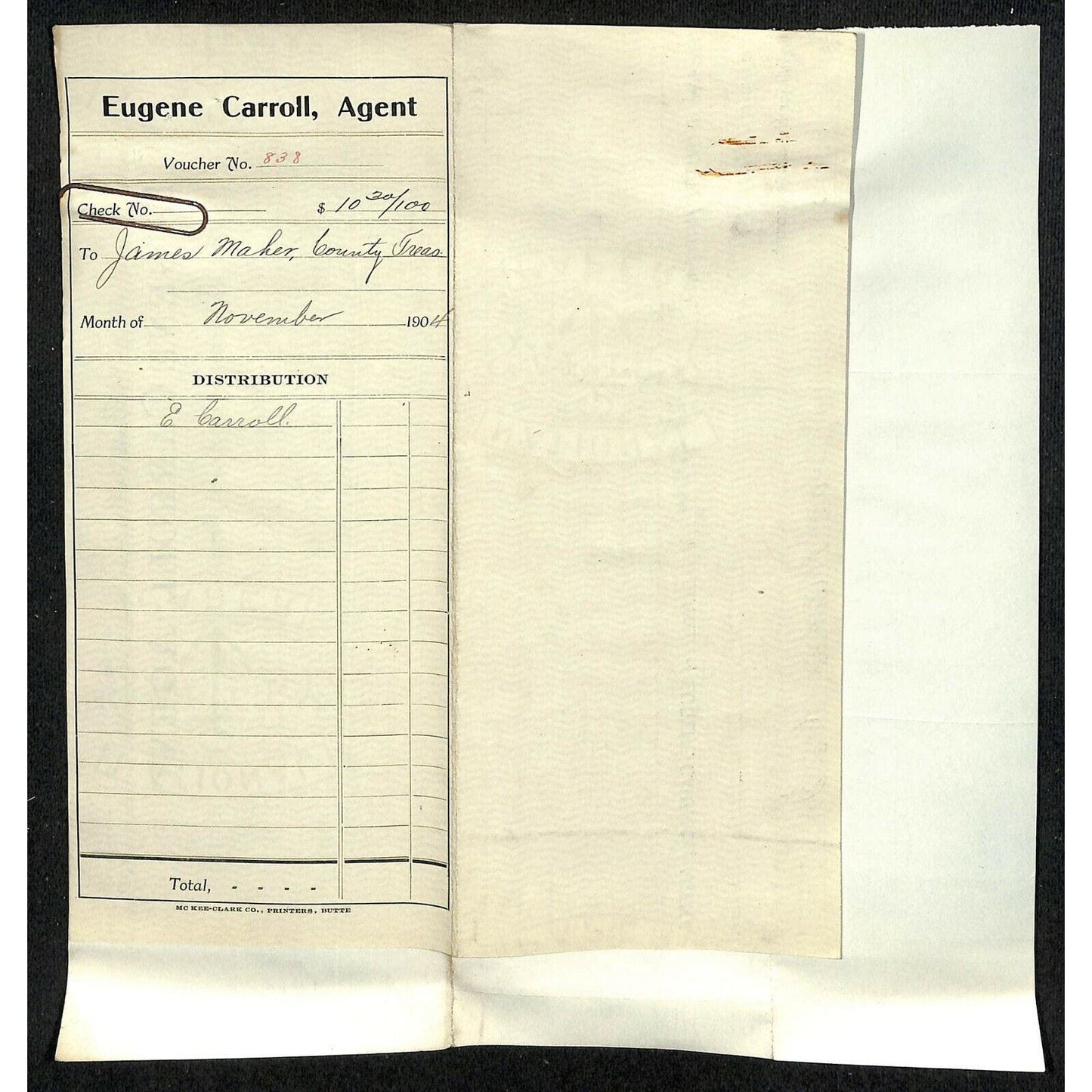 1904 Check Daly Bank Trust of Butte, MT Eugene Carroll - Silver Bow Tax Receipt