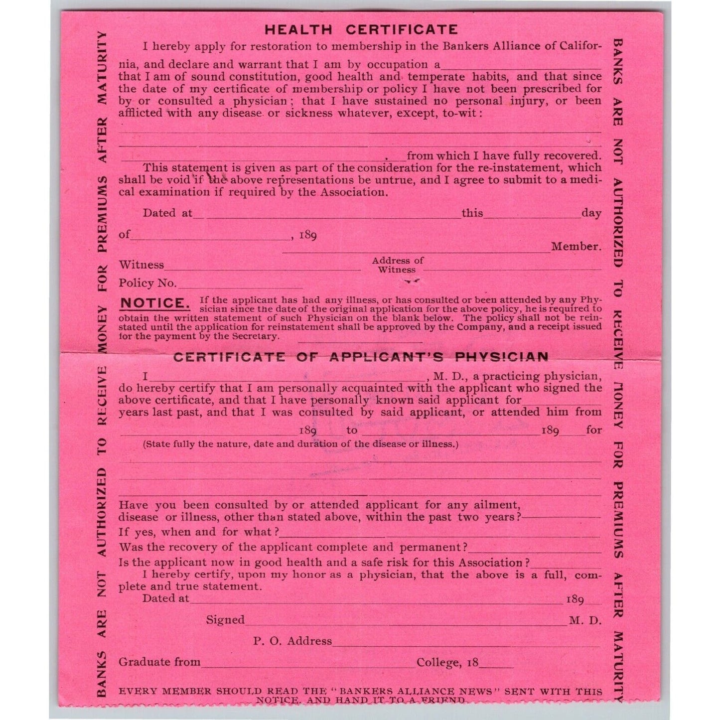 1895 Ex Civil War Soldier Document - Bankers Alliance Life Ins. Premium Notice