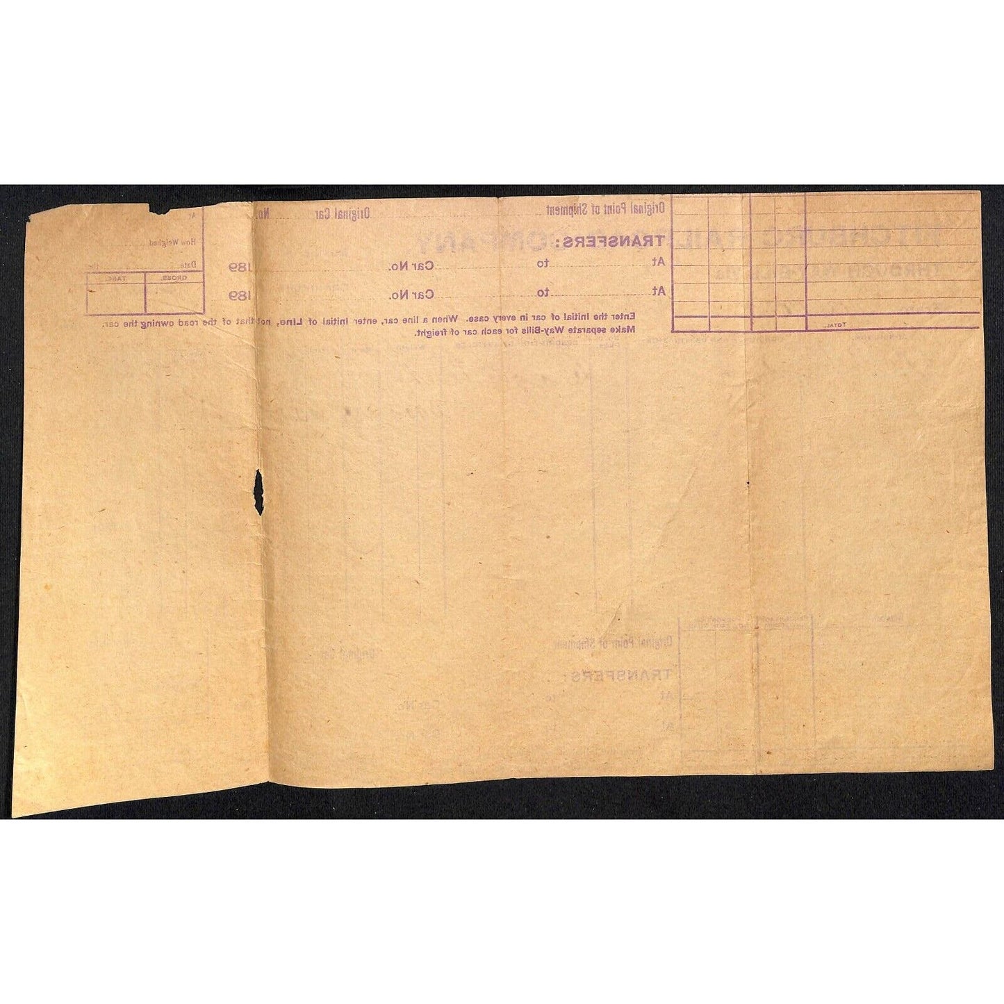 Fitchburg Railroad Co. Bellows Falls, VT 1891 Through Way-bill Sheet