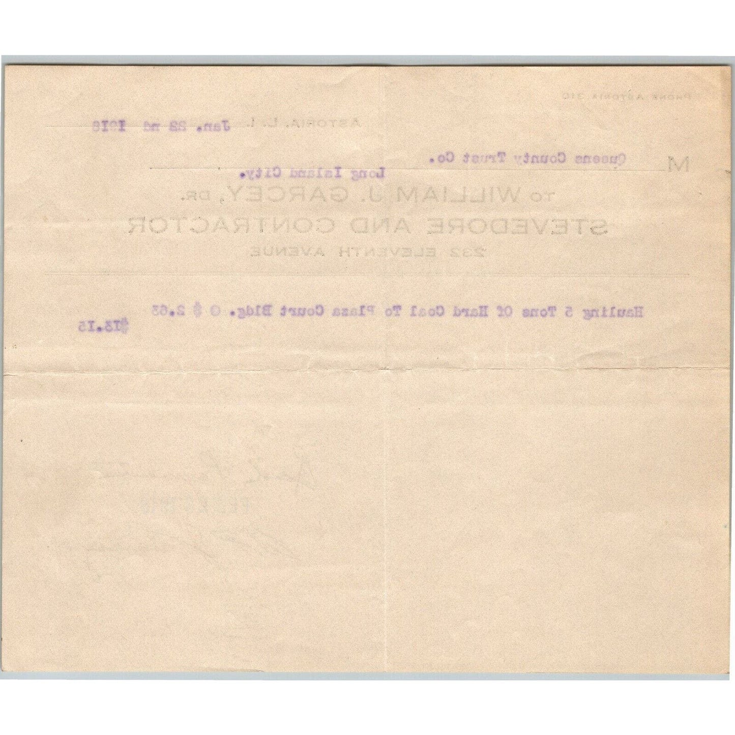 1918 Astoria, LI, NY Letterhead William J. Garcey Stevedore & Contractor