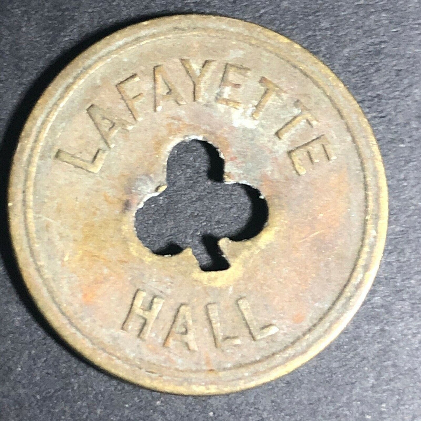 24.5mm Brass Lafayette Hall (Saloon Sacramento, CA) Token Clover Shamrock (#2)