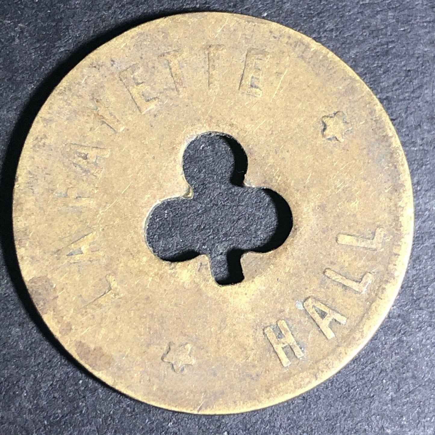 24.5mm Brass Lafayette Hall (Saloon Sacramento, CA) Token Clover Shamrock (#27)