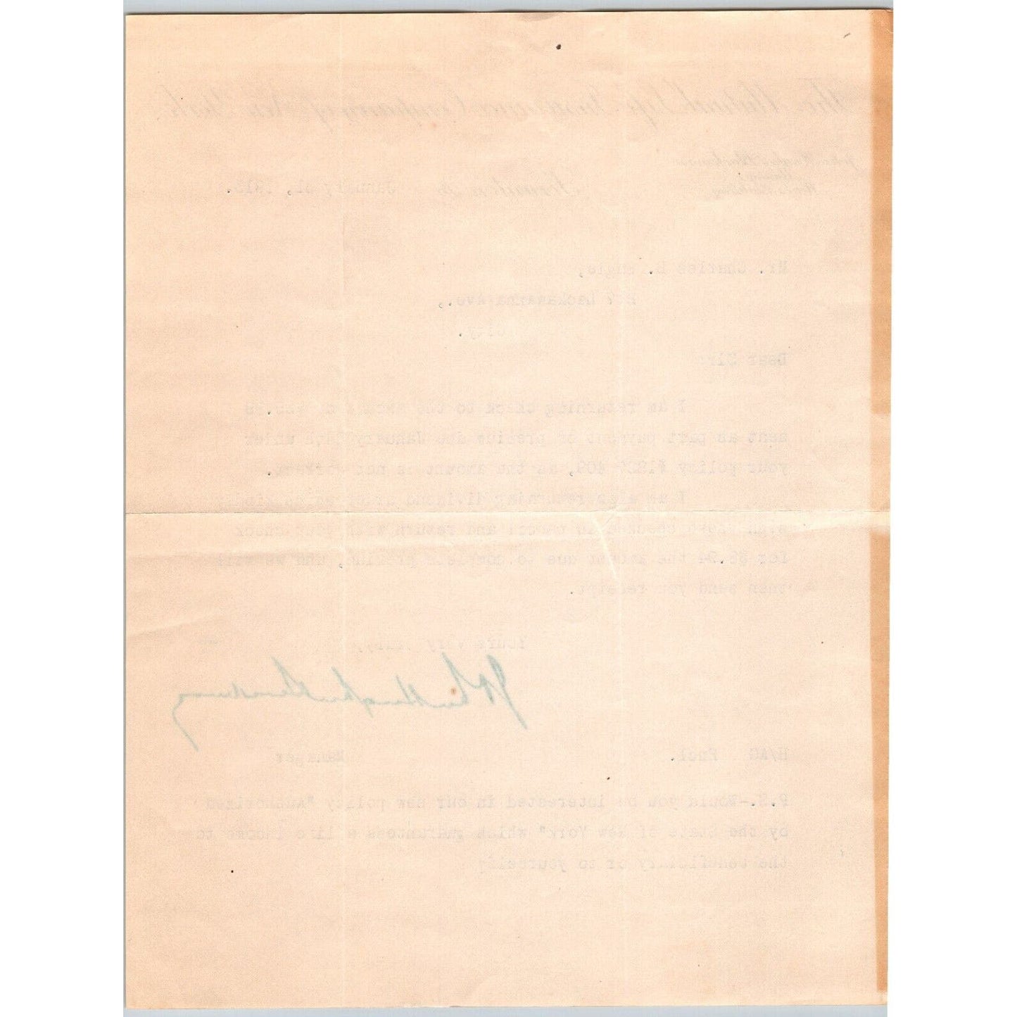 Scranton / Mutual Life Insurance Company 1913 "Engel" Letterhead