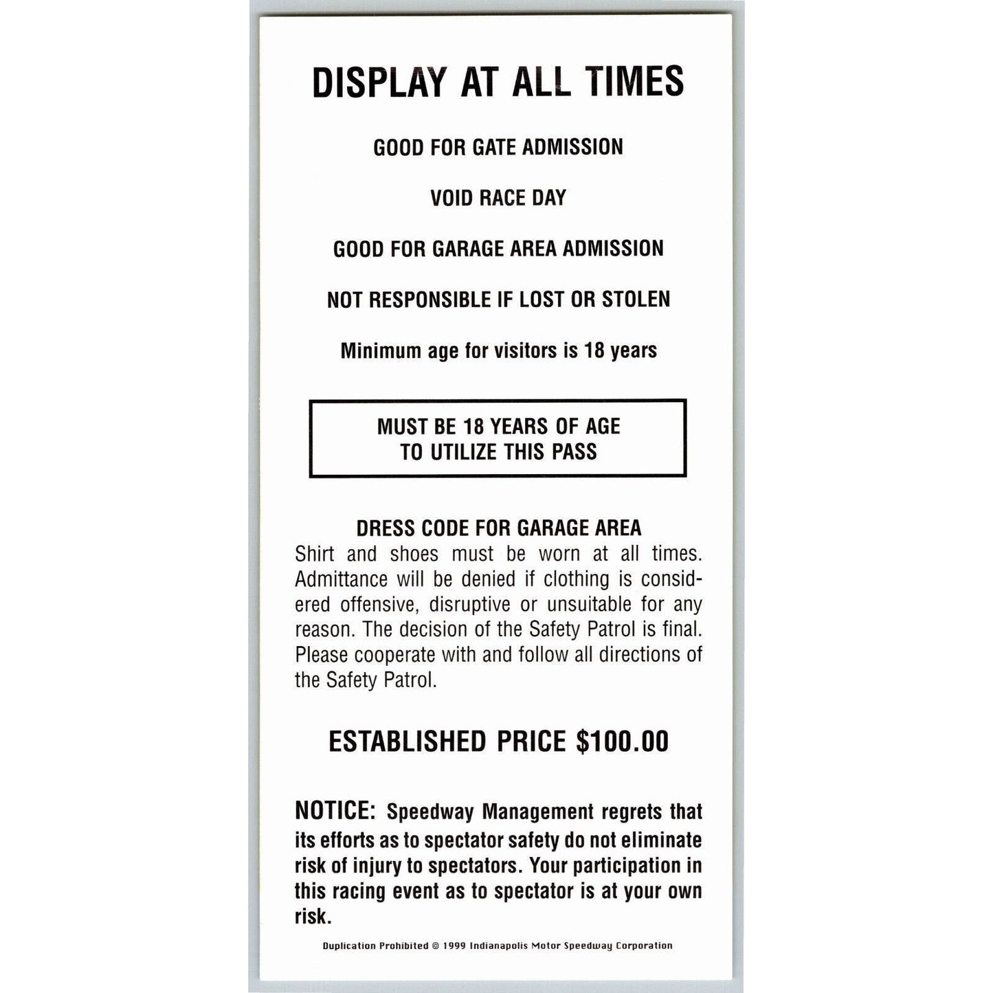 1999 Indy 500 Season Garage / Gasoline Alley Pass Indianapolis IMS VGC #3818