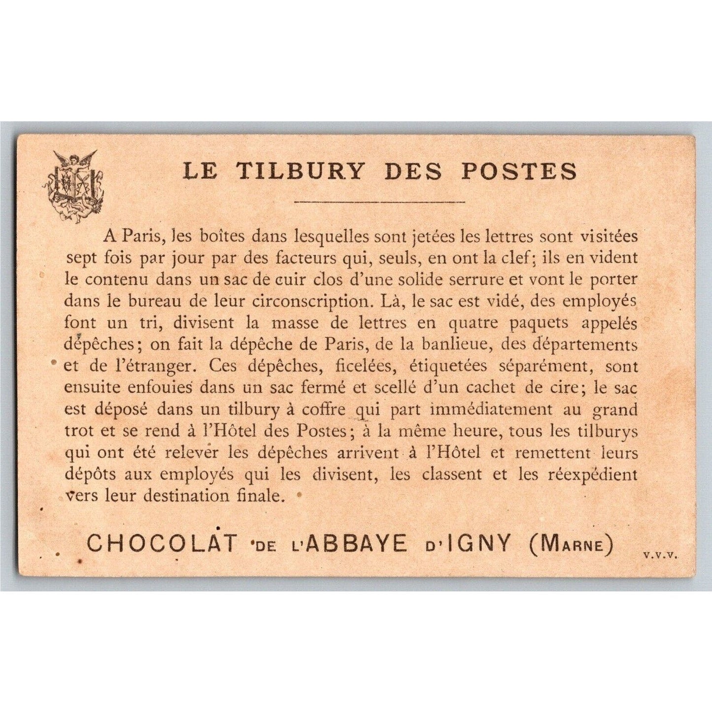 French Victorian Trade Card Chocolat de l'Abbaye d'igny Tilbury des Postes