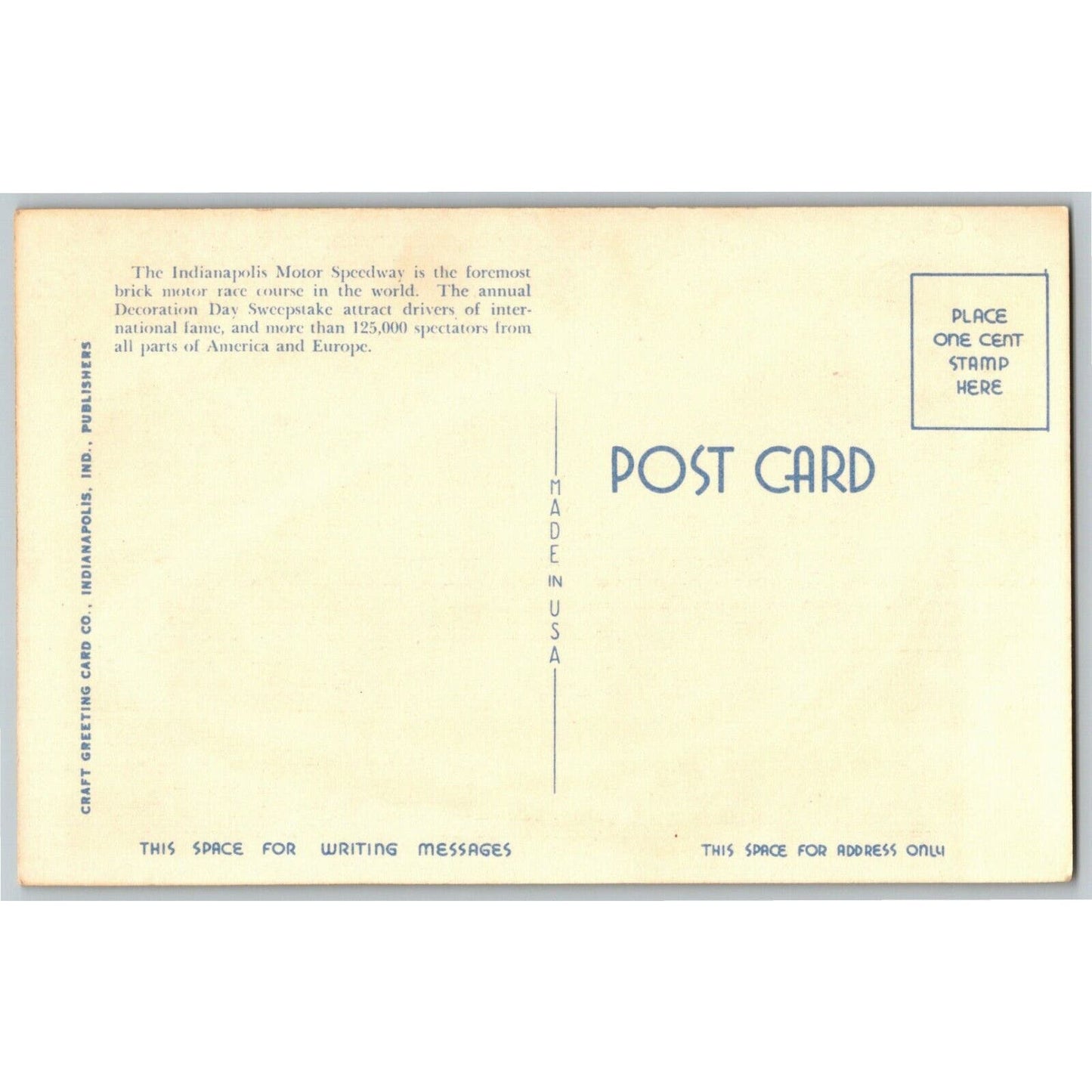 Indy 500 Linen Postcard 1946 "Greatest Automobile Race Course in the World" VGC