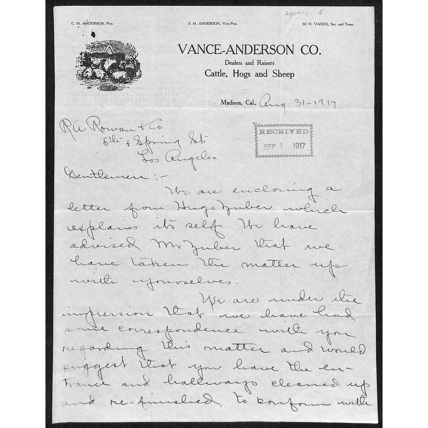 Vance-Anderson Co. Cattle Hogs Sheep Madison, CA 1917 Letterhead R.A. Rowan 2pp