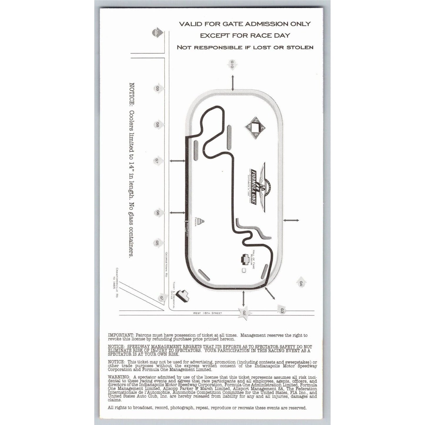 2000 Indianapolis Formula One Grand Prix Racing Fri & Sat Gate Ticket #39983