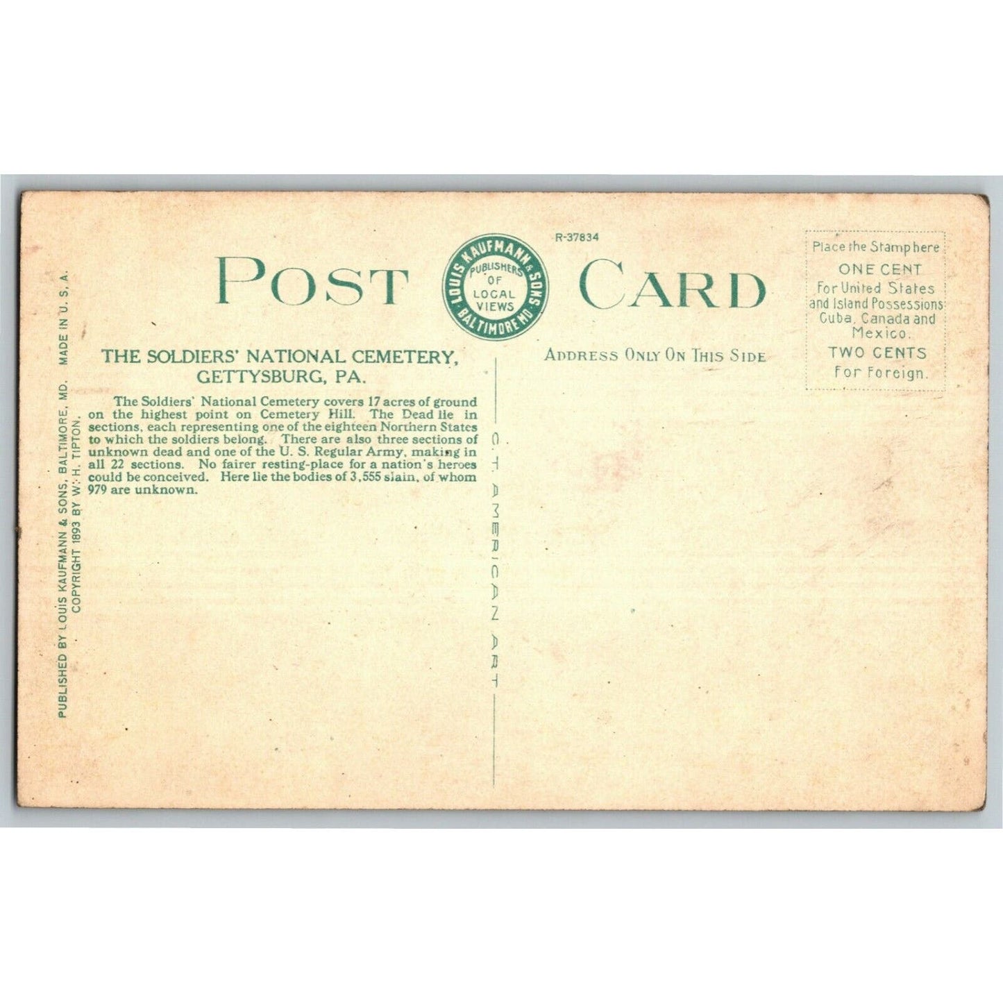 "The Soldier's National Cemetery, Gettysburg, PA" - Vintage Postcard NP