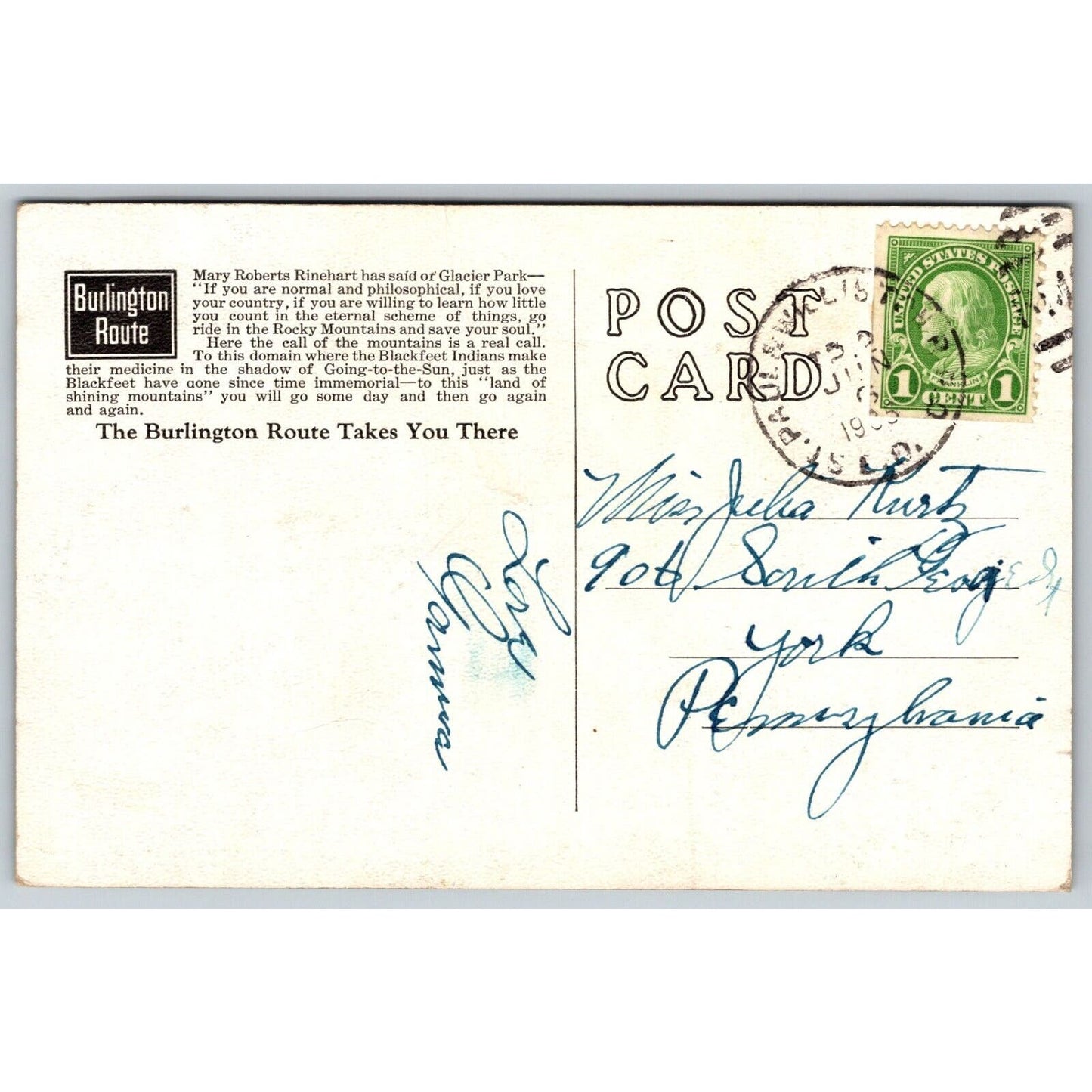 Burlington Route Many-Glacier Hotel National Park PM 1935 Advertising Postcard