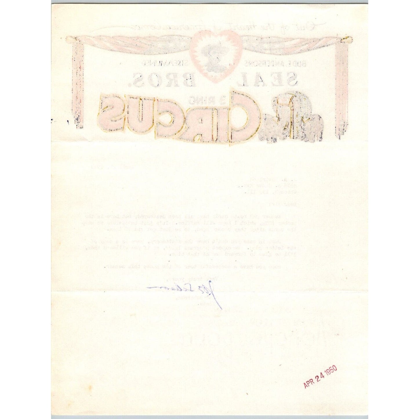 Seal Bros. 3 Ring Circus Letterhead 1950 Bud E. Anderson Elephants Heart Scarce