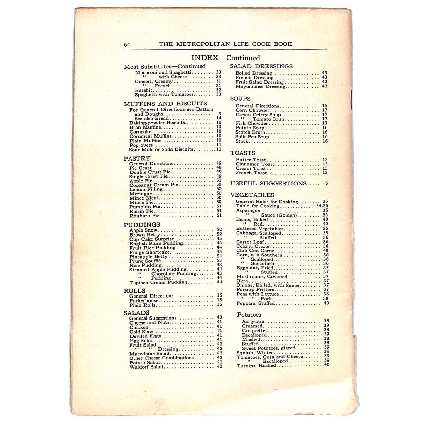 Metropolitan Life Insurance Cook Book 64pp c1930's Missing Cover