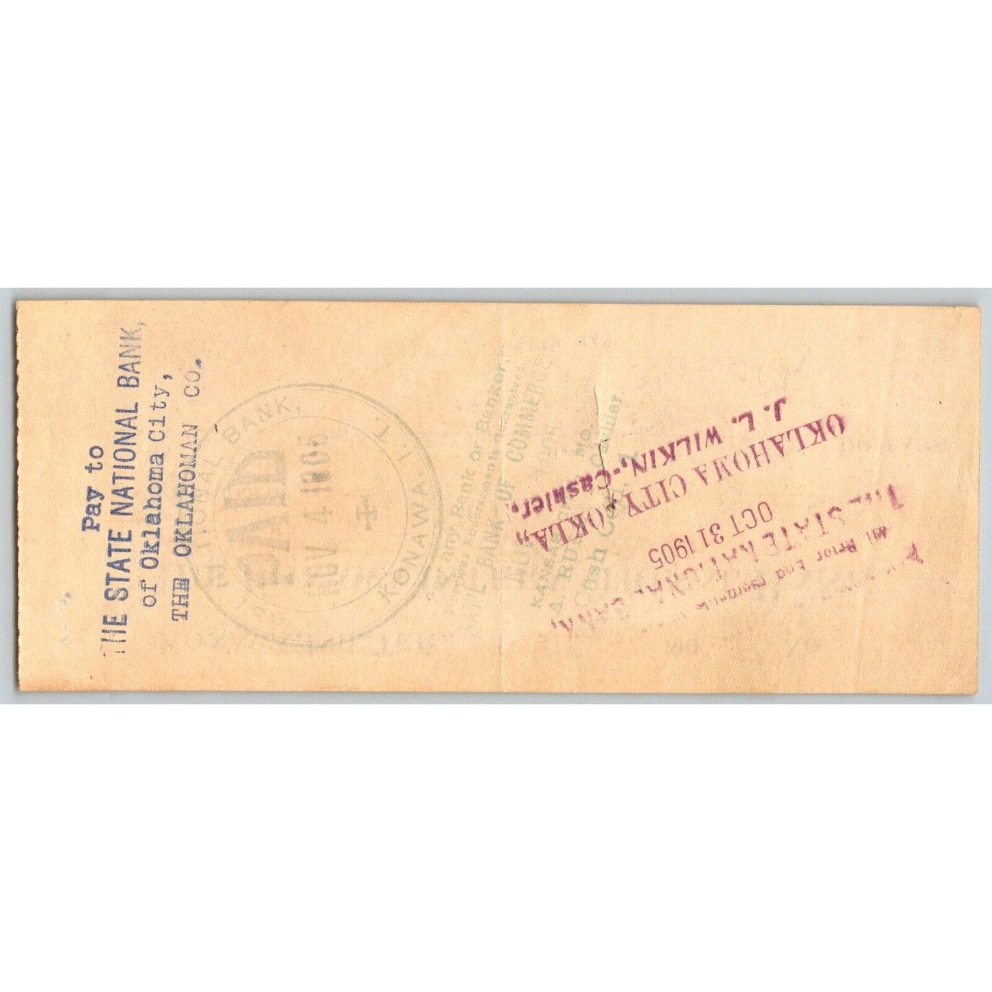 Konawa, Oklahoma 1905 Indian Territory "International Bank" Check - Scarce