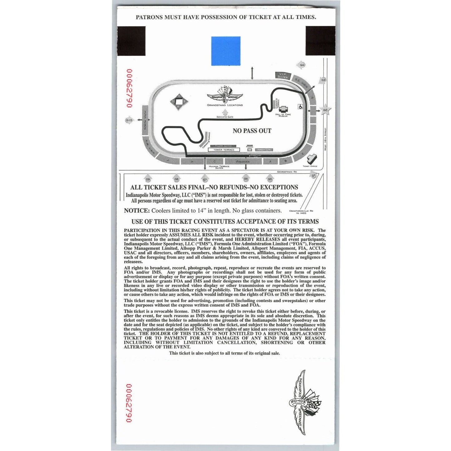 2006 Indianapolis Formula One Grand Prix Racing Race Day Unused Ticket Seat 2