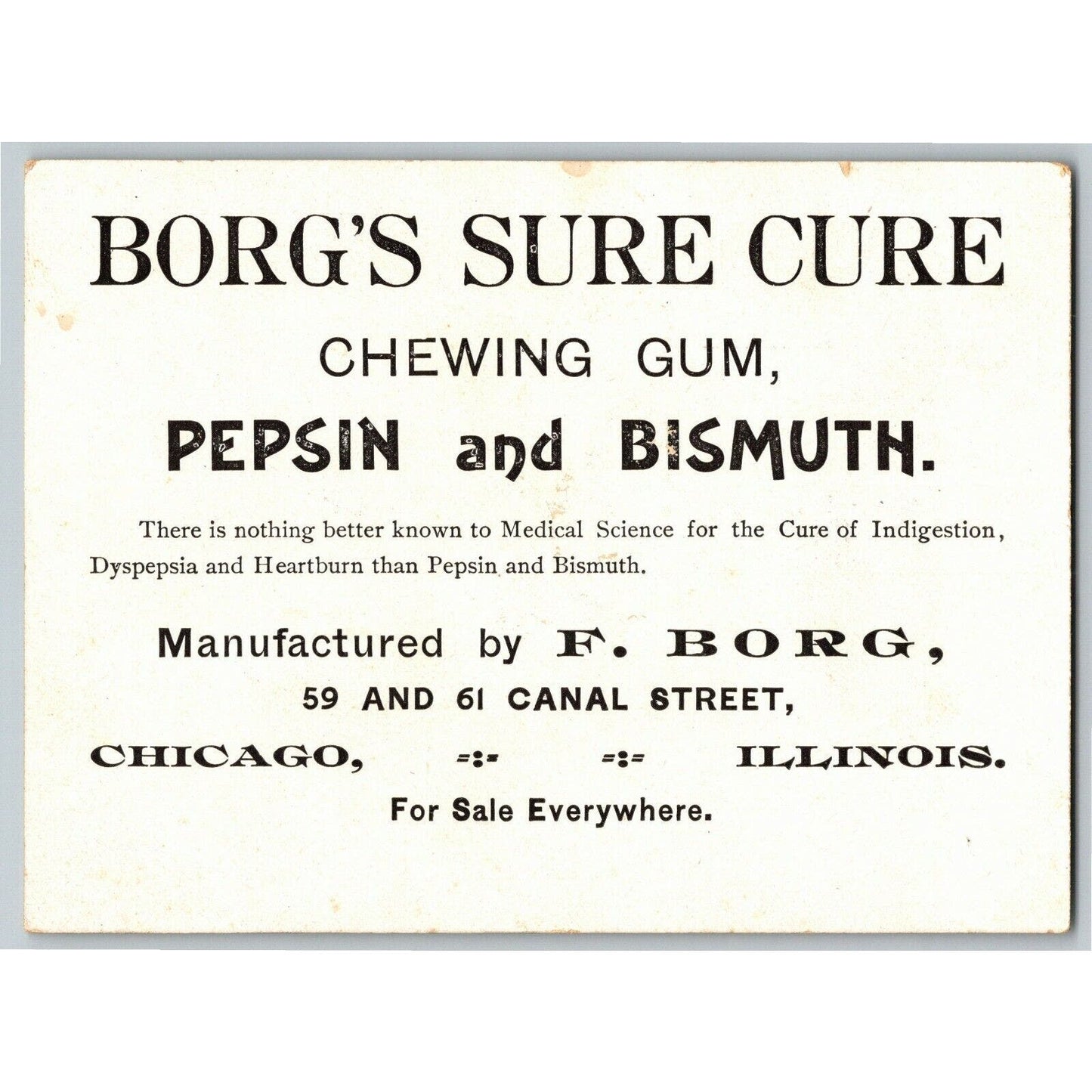 1893 Chicago World's Fair Trade Card org's Sure Cure Chewing Gum Pepsin Bisbuth