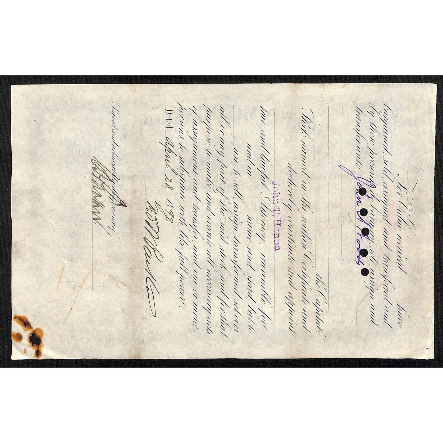 Moulton Mining Company Butte City 1885 Stock Certificate A941 Geo. W. Parker