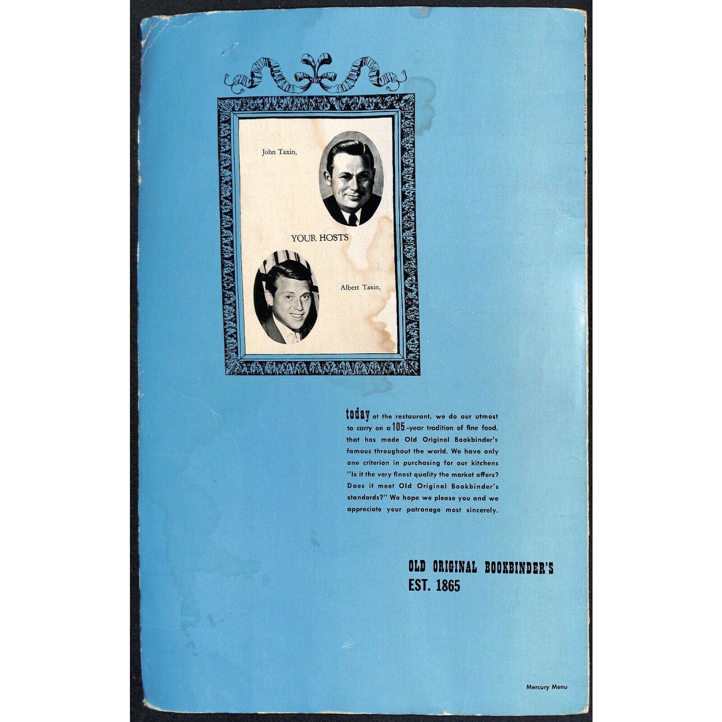 Bookbinder's Menu 1970 Large Restaurant Philadelphia Horse & Carriage Cover Art