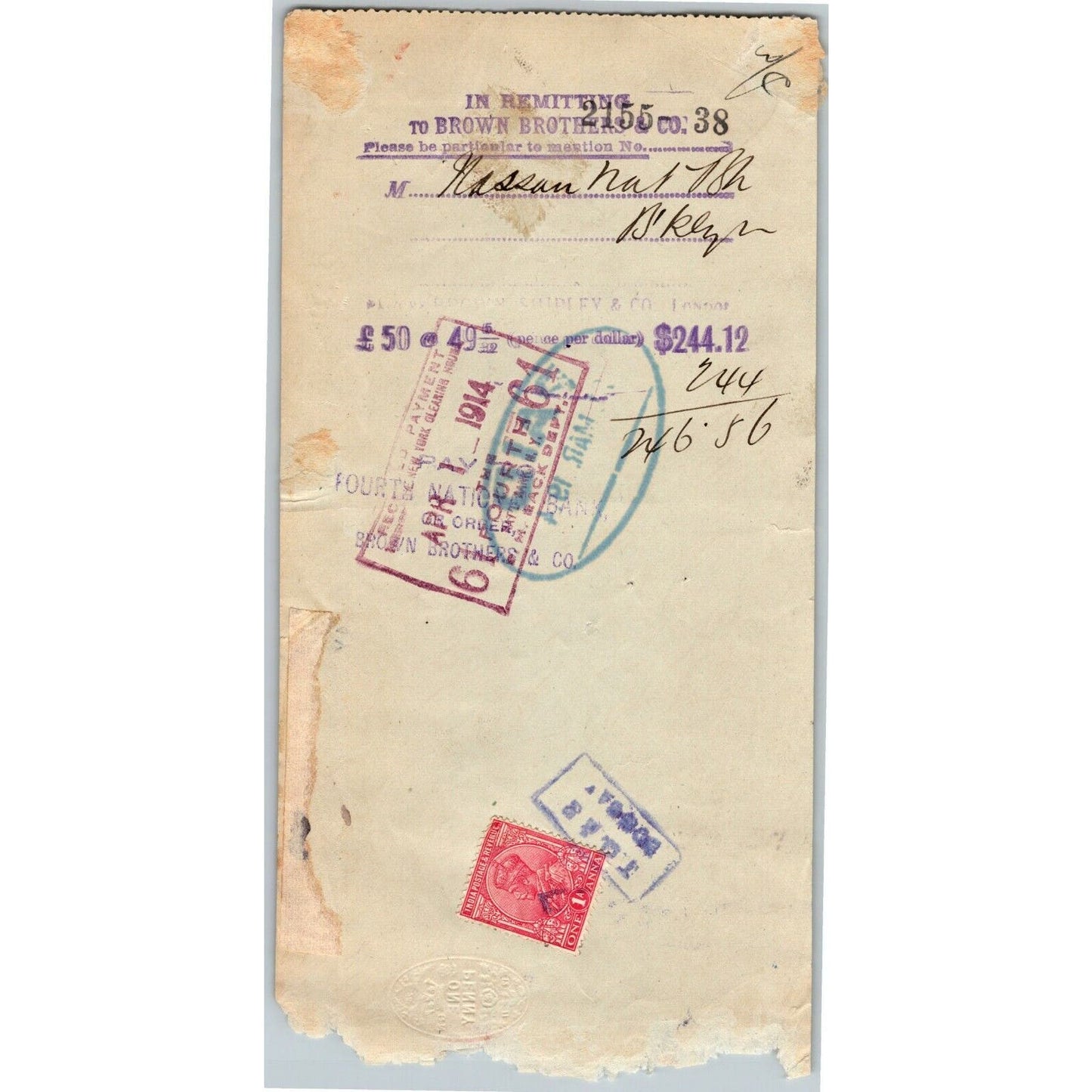 1914 Brown & Shipley Co. London / Thomas Cook & Son Bank Check Tax Stamps