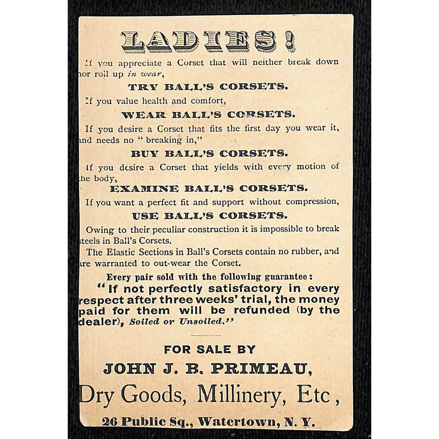 Ball's Corsets Victorian Trade Card John J. B. Primeau Watertown, NY - Ladies!