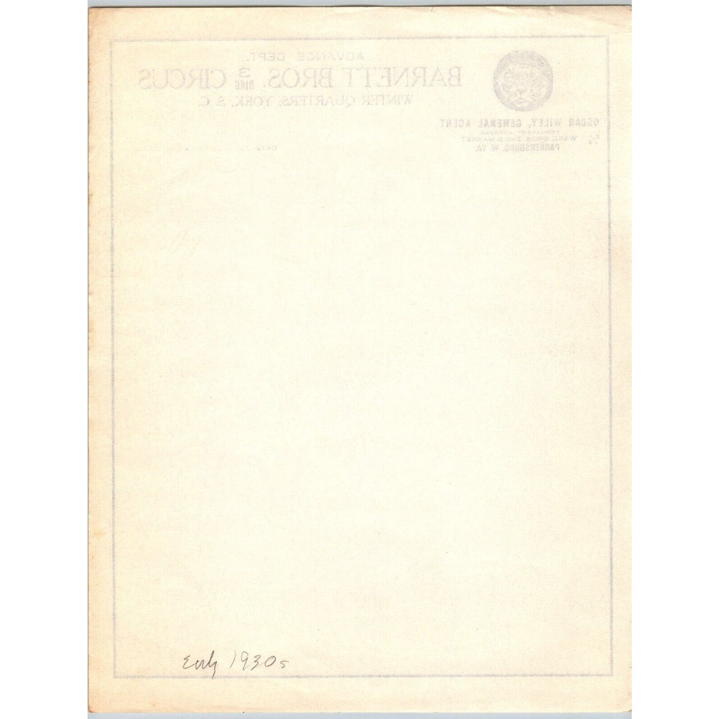 Barnett Bros. 3 Ring Circus Letterhead c1933 Oscar Wiley Tiger Scarce