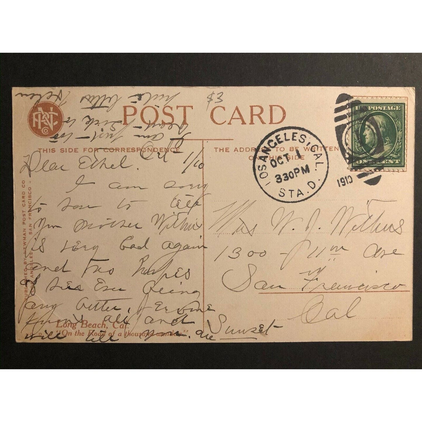 Vintage Postcard - Moonlight Scene at Long Beach, California