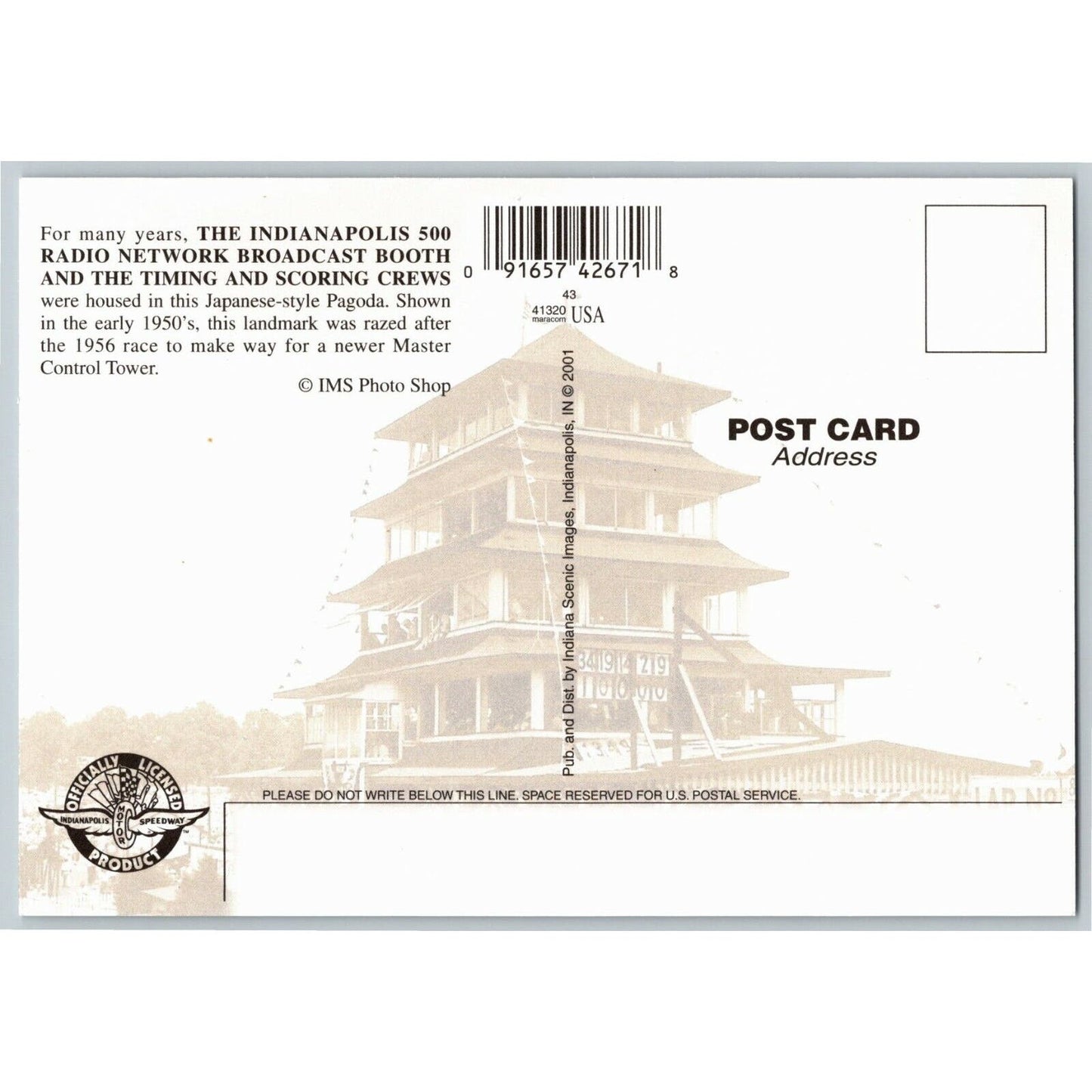 c2001 Indy 500 - Reprint of 1950's Pagoda - Speedway NOS 4" x 5 3/4" Postcard