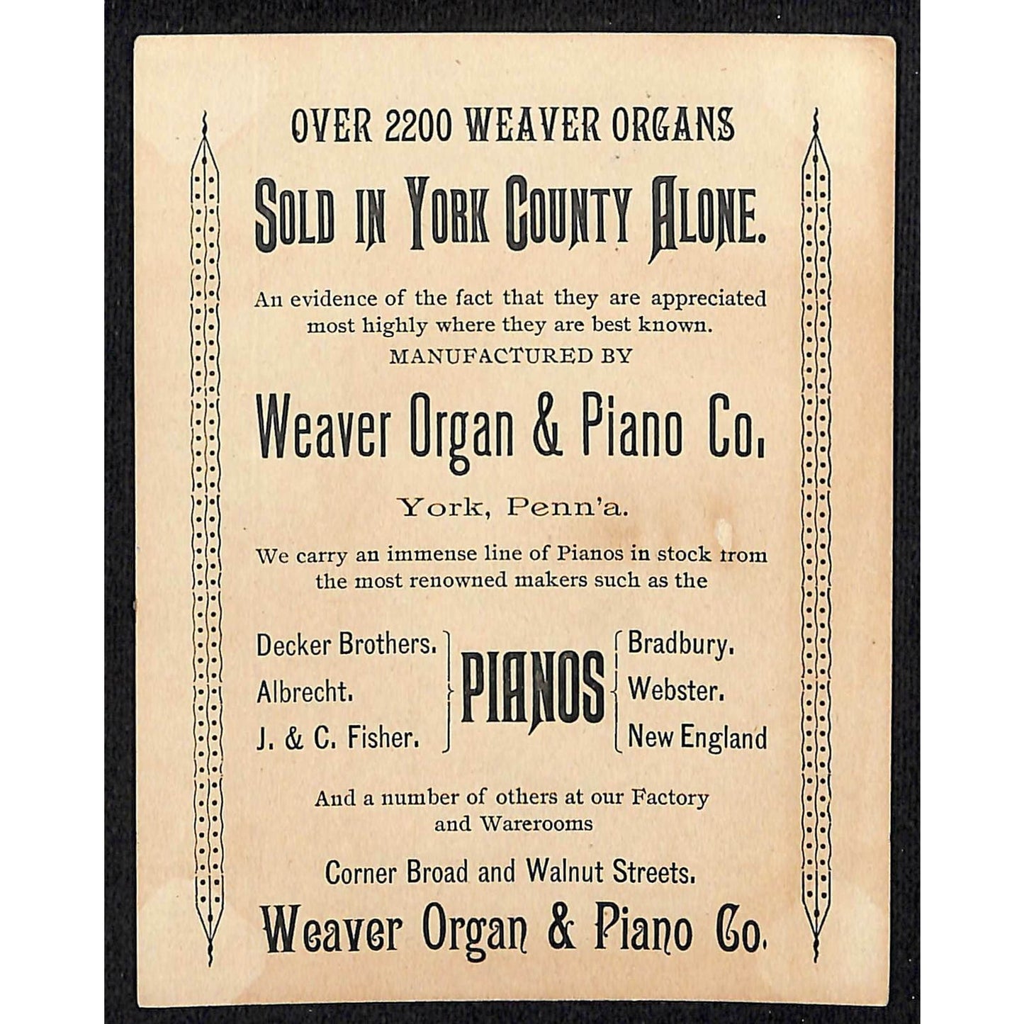 1880-90's Victorian Trade Card - Weaver Organ & Piano Co. York, PA VGC