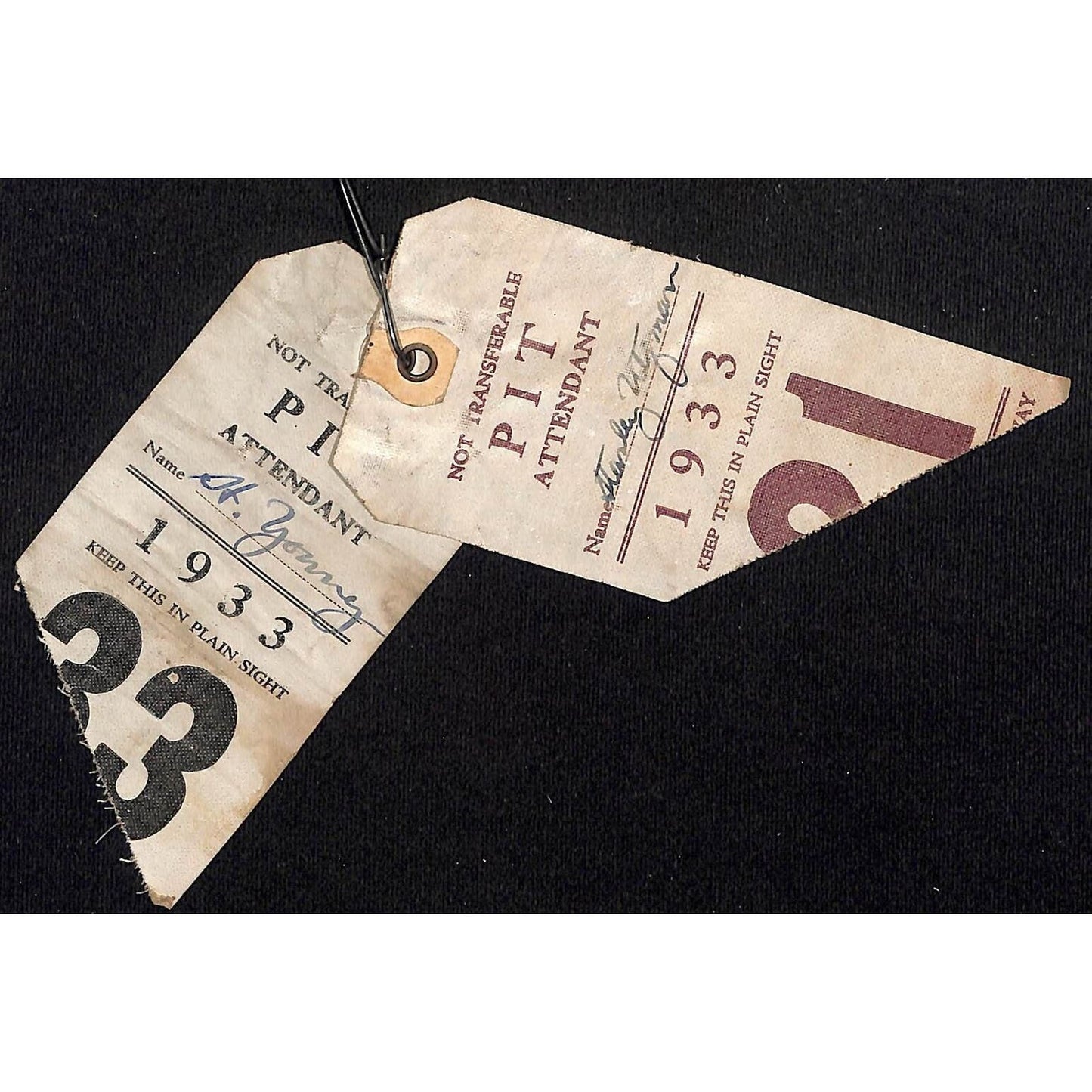 1933 Legion Ascot Speedway Pit Passes / Pit Attendant #21 & #33 - VERY Scarce